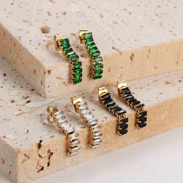 Wholesale Women's Simple Geometric Square Long Zircon Stainless Steel Electroplated Stud Earrings