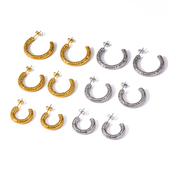 Wholesale Women's Simple Geometric Stainless Steel Earrings With Hammered Pattern And Pvd Furnace Vacuum Real Gold Plating