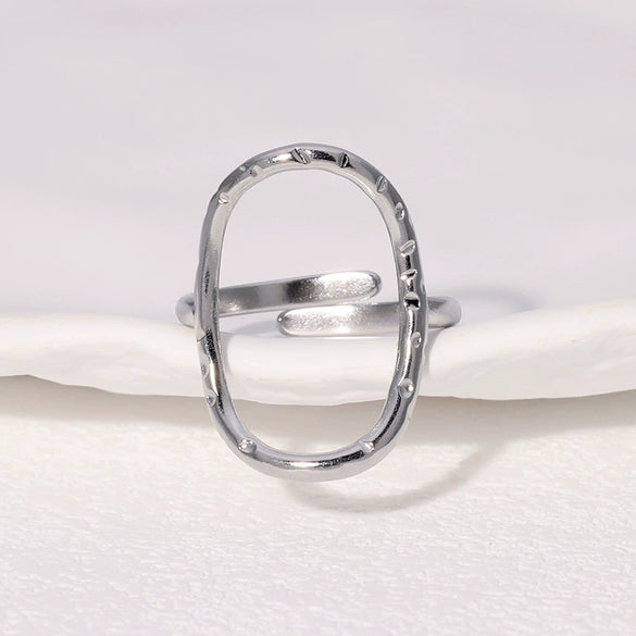 Wholesale Women's Simple Geometric Stainless Steel Electroplated Hammered Oval Hollow Open Ring Jewelry