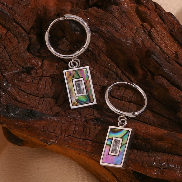 Wholesale Women's Simple Geometric Stainless Steel Electroplated Rectangular Pendant Earrings With Natural Abalone Shell And Zircon