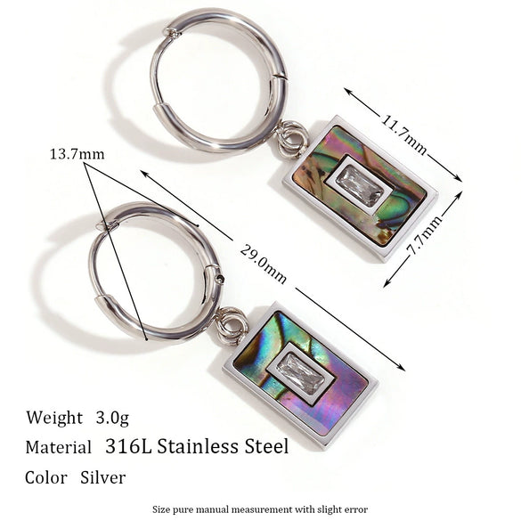 Wholesale Women's Simple Geometric Stainless Steel Electroplated Rectangular Pendant Earrings With Natural Abalone Shell And Zircon
