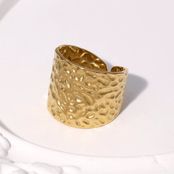 Wholesale Women's Simple Geometric Stainless Steel Hammered 18K Goldplated Open Ring Hand Jewelry