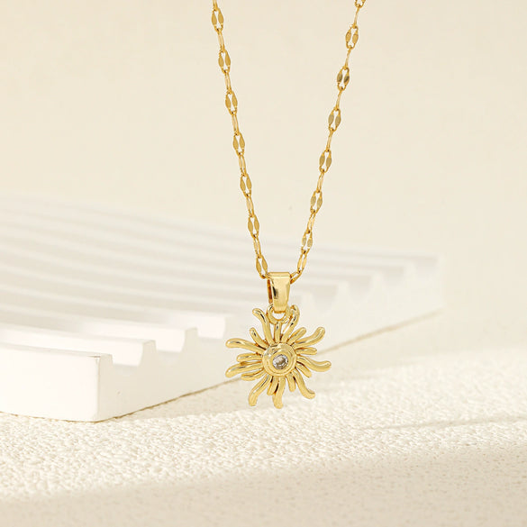 Wholesale Women's Simple Geometric Stainless Steel Sun Pendant Necklace With Mixed Gemstone Setting And Electroplating