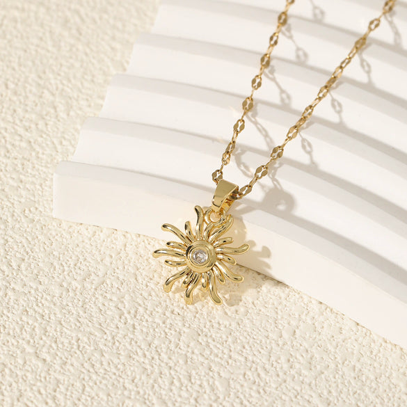 Wholesale Women's Simple Geometric Stainless Steel Sun Pendant Necklace With Mixed Gemstone Setting And Electroplating
