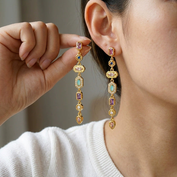 Wholesale Women's Simple Geometric Ushaped Alloy Steel Electroplated Rhinestone Colorful Tassel Earrings