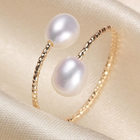 Wholesale Women's Simple Goldfilled Alloy Freshwater Pearl Beads Ring With Rice And Droplet Shapes