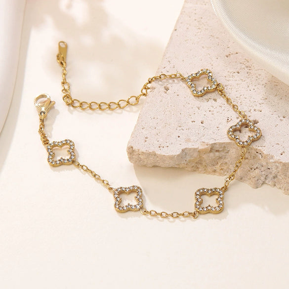 Wholesale Women's Simple Goldplated Stainless Steel Flower Fourleaf Clover Zircon Bracelet