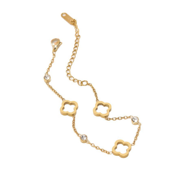Wholesale Women's Simple Goldplated Stainless Steel Flower Fourleaf Clover Zircon Bracelet