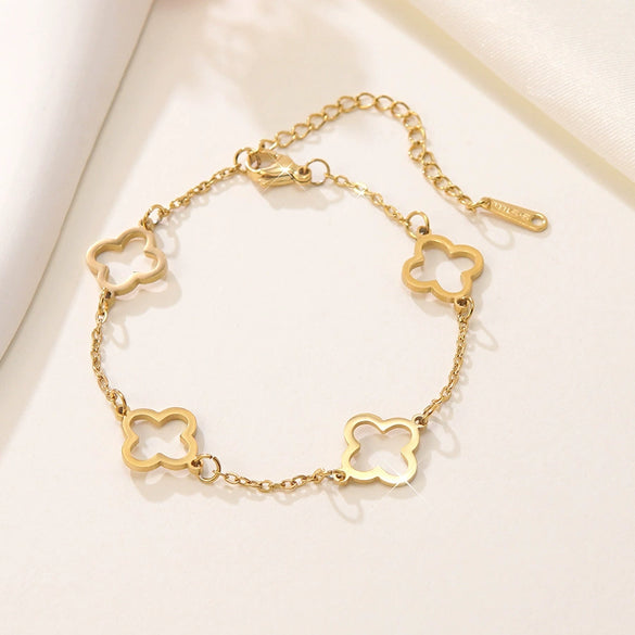Wholesale Women's Simple Goldplated Stainless Steel Flower Fourleaf Clover Zircon Bracelet