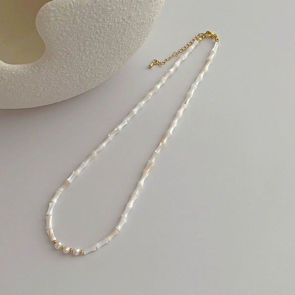 Wholesale Women's Simple Handmade Bamboo Chain Shell Natural Pearl Clavicle Necklace With Geometric Pattern
