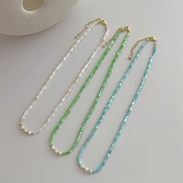Wholesale Women's Simple Handmade Bamboo Chain Shell Natural Pearl Clavicle Necklace With Geometric Pattern