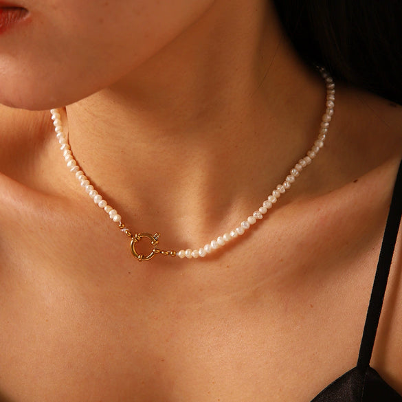 Wholesale Women's Simple High Sense Natural Freshwater Pearl Necklace With Titanium Steel Water Wave Buckle And Handmade Stainless Steel Jewelry