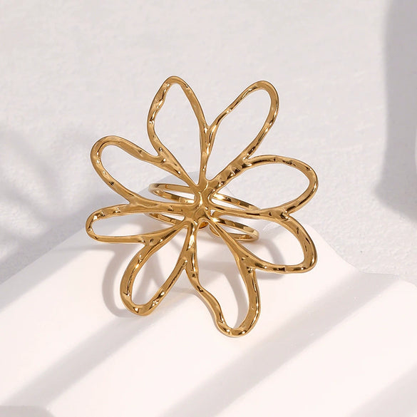Wholesale Women's Simple Hollow Flower Electroplated Stainless Steel Ring Hand Jewelry