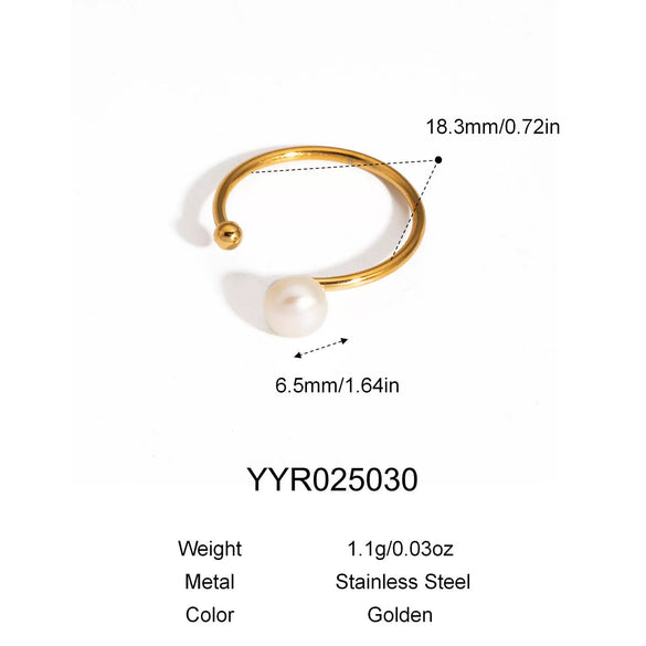 Wholesale Women's Simple Minimalist Geometric Stainless Steel Opening Ring With Pvd Furnace Vacuum Real Gold Plating And Natural Steamed Bread Pearl
