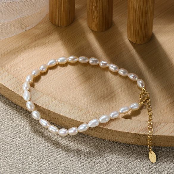 Wholesale Women's Simple Natural Eggshaped S925 Sterling Silver Freshwater Pearl Jewelry Bracelet With Electroplating