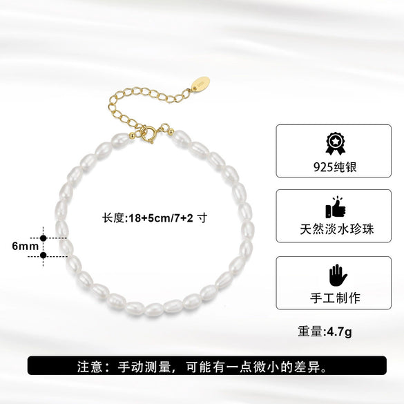 Wholesale Women's Simple Natural Eggshaped S925 Sterling Silver Freshwater Pearl Jewelry Bracelet With Electroplating
