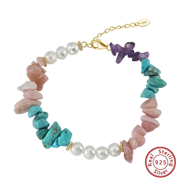 Wholesale Women's Simple Natural Silver Beaded Bracelet With Irregular Natural Turquoise Opal Amethyst And Shell Pearl Electroplated