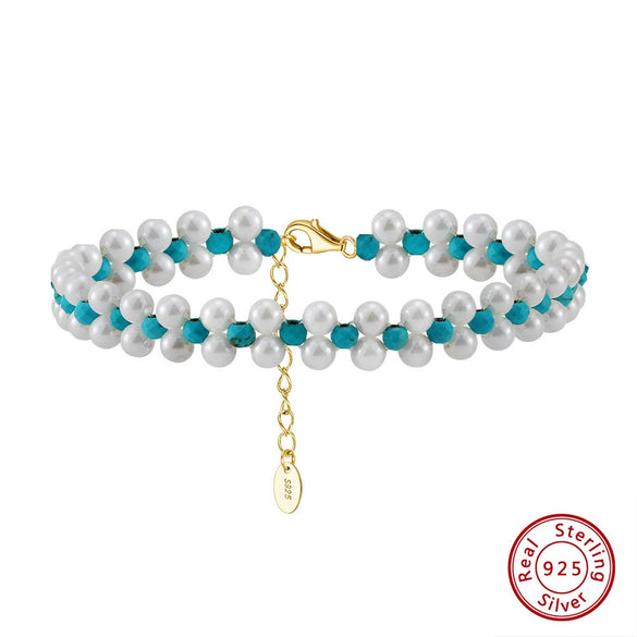Wholesale Women's Simple Natural Silver Beaded Bracelet With Irregular Natural Turquoise Opal Amethyst And Shell Pearl Electroplated