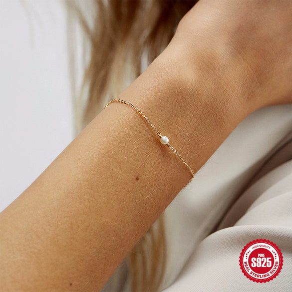 Wholesale Women's Simple Natural Style S925 Sterling Silver All Match Pearl Bracelet With Geometric Design And Electroplating Treatment