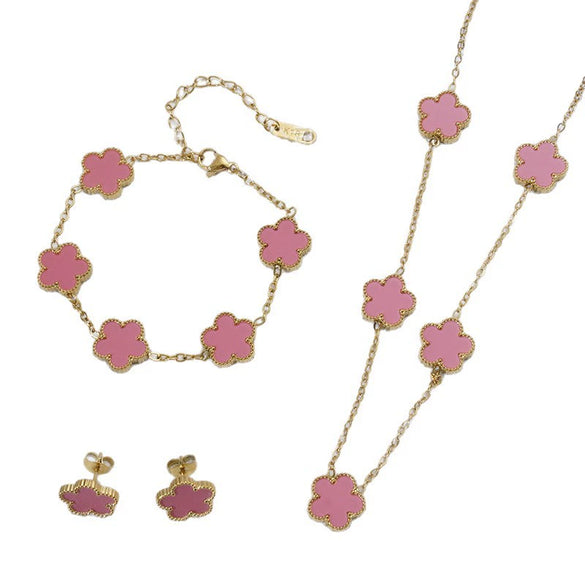 Wholesale Women's Simple Plants And Flowers Style Fiveflower Threepiece Set Necklace Earrings Bracelets 18K Titanium Steel Electroplated O Word Chain