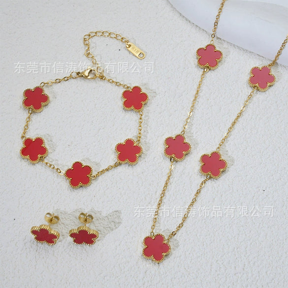 Wholesale Women's Simple Plants And Flowers Style Fiveflower Threepiece Set Necklace Earrings Bracelets 18K Titanium Steel Electroplated O Word Chain
