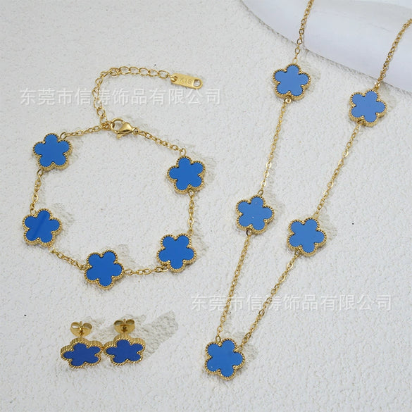 Wholesale Women's Simple Plants And Flowers Style Fiveflower Threepiece Set Necklace Earrings Bracelets 18K Titanium Steel Electroplated O Word Chain