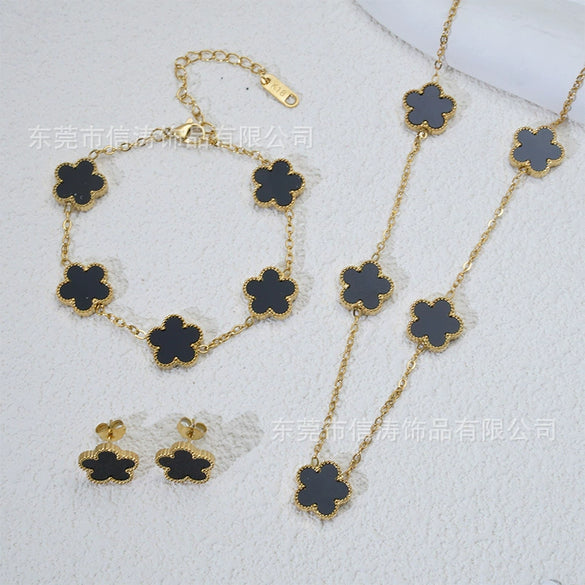 Wholesale Women's Simple Plants And Flowers Style Fiveflower Threepiece Set Necklace Earrings Bracelets 18K Titanium Steel Electroplated O Word Chain