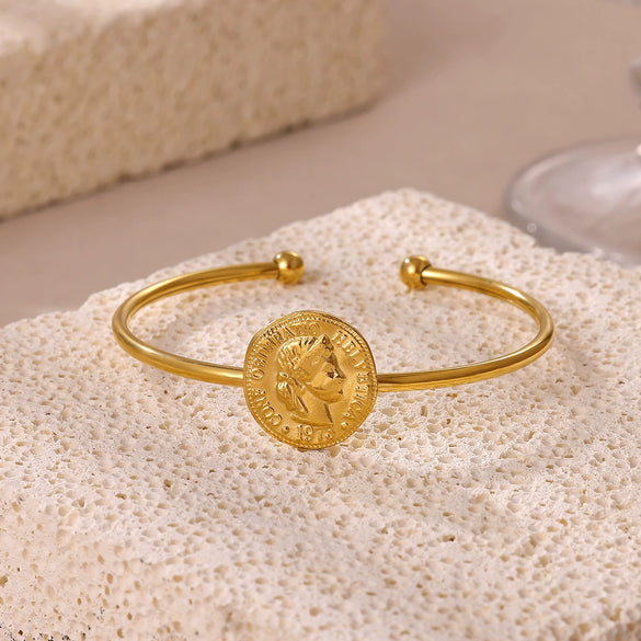 Wholesale Women's Simple Portrait Stainless Steel 18K Gold Plated Open Bracelet