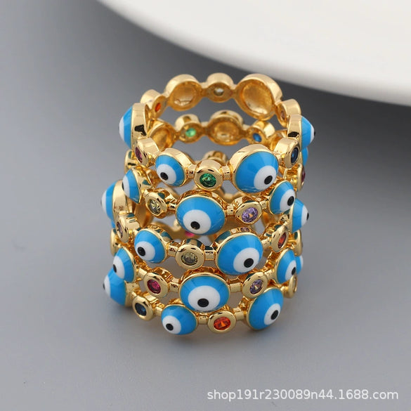 Wholesale Women's Simple Resin Ring With Geometric Pattern Copper And Microinlaid Zircon Real Gold Plating Hand Painted Inlay Turkish Blue Eye And Devil's Eye Drop Oil Design
