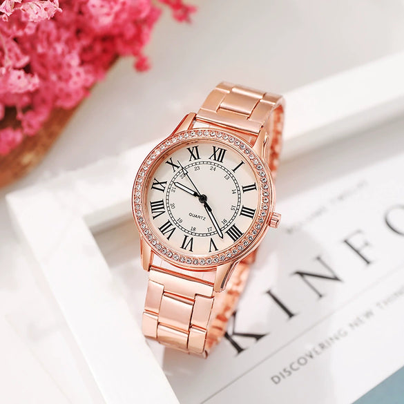 Wholesale Women's Simple Retro Alloy Case Steel Band Quartz Watch With Inlaid Roman Diamond And Luminous Feature