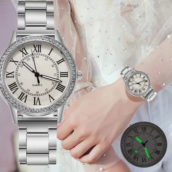 Wholesale Women's Simple Retro Alloy Case Steel Band Quartz Watch With Inlaid Roman Diamond And Luminous Feature