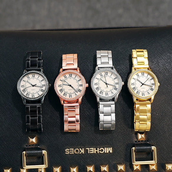 Wholesale Women's Simple Retro Alloy Case Steel Band Quartz Watch With Inlaid Roman Diamond And Luminous Feature