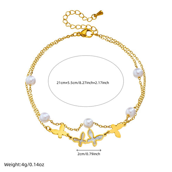 Wholesale Women's Simple Retro Stacked Doublelayer Pearl Insectshaped Pendant Stainless Steel Goldplated Jewelry Anklet