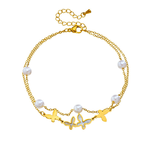 Wholesale Women's Simple Retro Stacked Doublelayer Pearl Insectshaped Pendant Stainless Steel Goldplated Jewelry Anklet