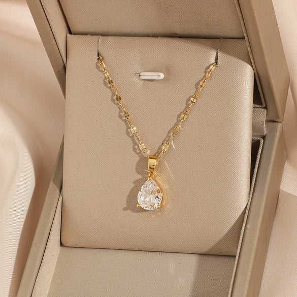 Wholesale Women's Simple Retro Stainless Steel Drop Shape Pendant Necklace With Mixed Gemstone Setting And Electroplating