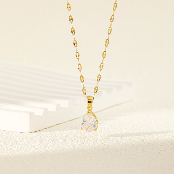 Wholesale Women's Simple Retro Stainless Steel Drop Shape Pendant Necklace With Mixed Gemstone Setting And Electroplating