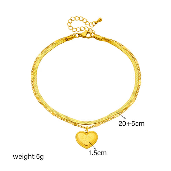 Wholesale Women's Simple Retro Titanium Steel Double Layer Chain Anklet With Love Lettering Pendant And Geometric Pattern