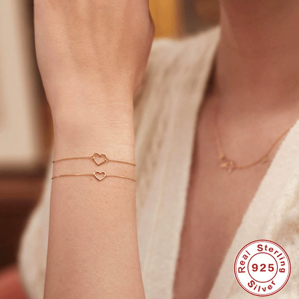 Wholesale Women's Simple S925 Sterling Silver Hollow Heart Geometric Pattern Electroplated Stacked Bracelet