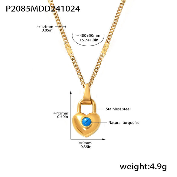 Wholesale Women's Simple 316L Stainless Steel Blue Turquoise Heart Geometric Pendant Clavicle Stacked Necklace 18K Gold Plated