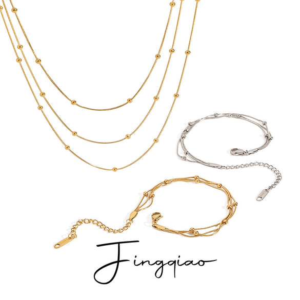 Wholesale Women's Simple Three Layer Clip Bead Chain Necklace Stainless Steel Titanium Steel Geometric Style Electroplated