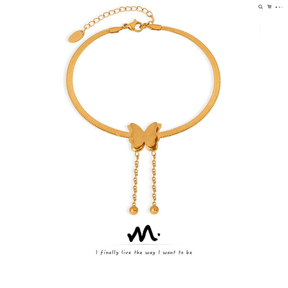 Wholesale Women's Simple Titanium Steel Gold Plated Butterfly Tassel Anklet With Animal And Zodiac Patterns