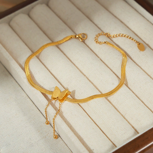 Wholesale Women's Simple Titanium Steel Gold Plated Butterfly Tassel Anklet With Animal And Zodiac Patterns