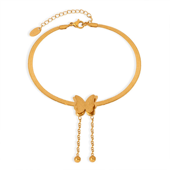 Wholesale Women's Simple Titanium Steel Gold Plated Butterfly Tassel Anklet With Animal And Zodiac Patterns