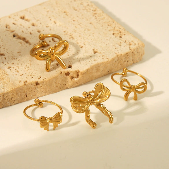Wholesale Women's Small Fresh Butterfly Opening Ring In Stainless Steel With Bow Pattern And Vacuum Real Gold Electroplating In Pvd Furnace
