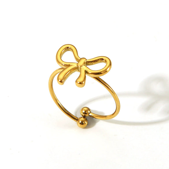 Wholesale Women's Small Fresh Butterfly Opening Ring In Stainless Steel With Bow Pattern And Vacuum Real Gold Electroplating In Pvd Furnace