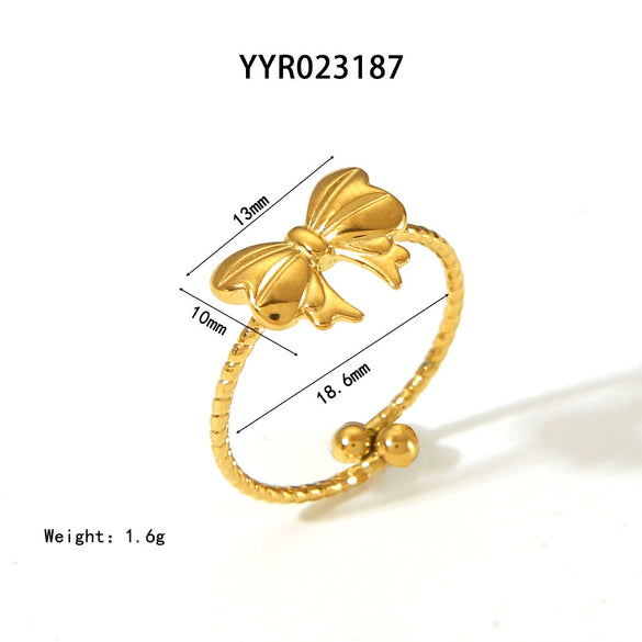 Wholesale Women's Small Fresh Butterfly Opening Ring In Stainless Steel With Bow Pattern And Vacuum Real Gold Electroplating In Pvd Furnace