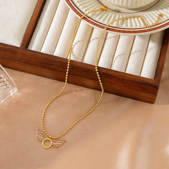 Wholesale Women's Small Fresh Style Zircon Pendant Stainless Steel Necklace With 18K Gold Bead Chain And Electroplating Treatment
