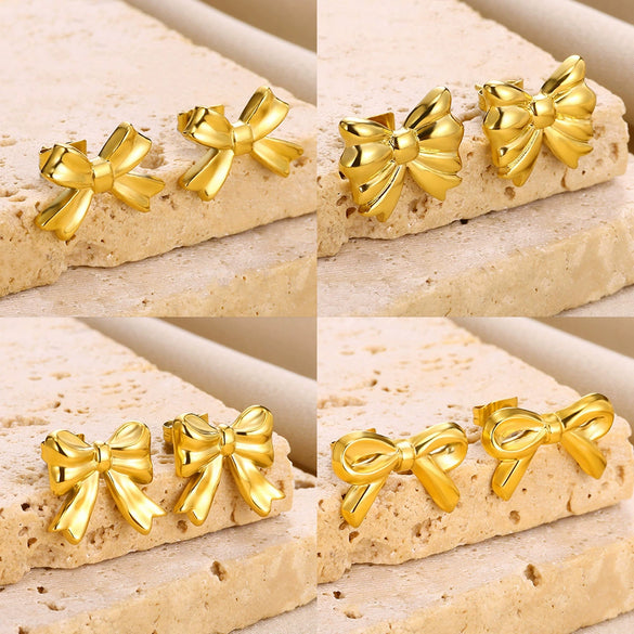 Wholesale Women's Smooth Bow Earrings Stainless Steel 18K Gold Electroplated