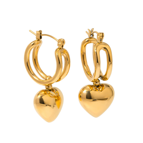 Wholesale Women's Smooth Heart Shaped Earrings In 18K Gold Plated Stainless Steel With Sliding Love Pendant And Electroplating Treatment