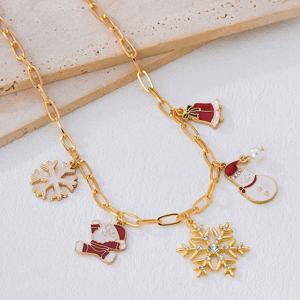 Wholesale Women's Snowflake Christmas Bell And Flower Multipendant Necklace With Electroplated Zinc Alloy And Regular Chain
